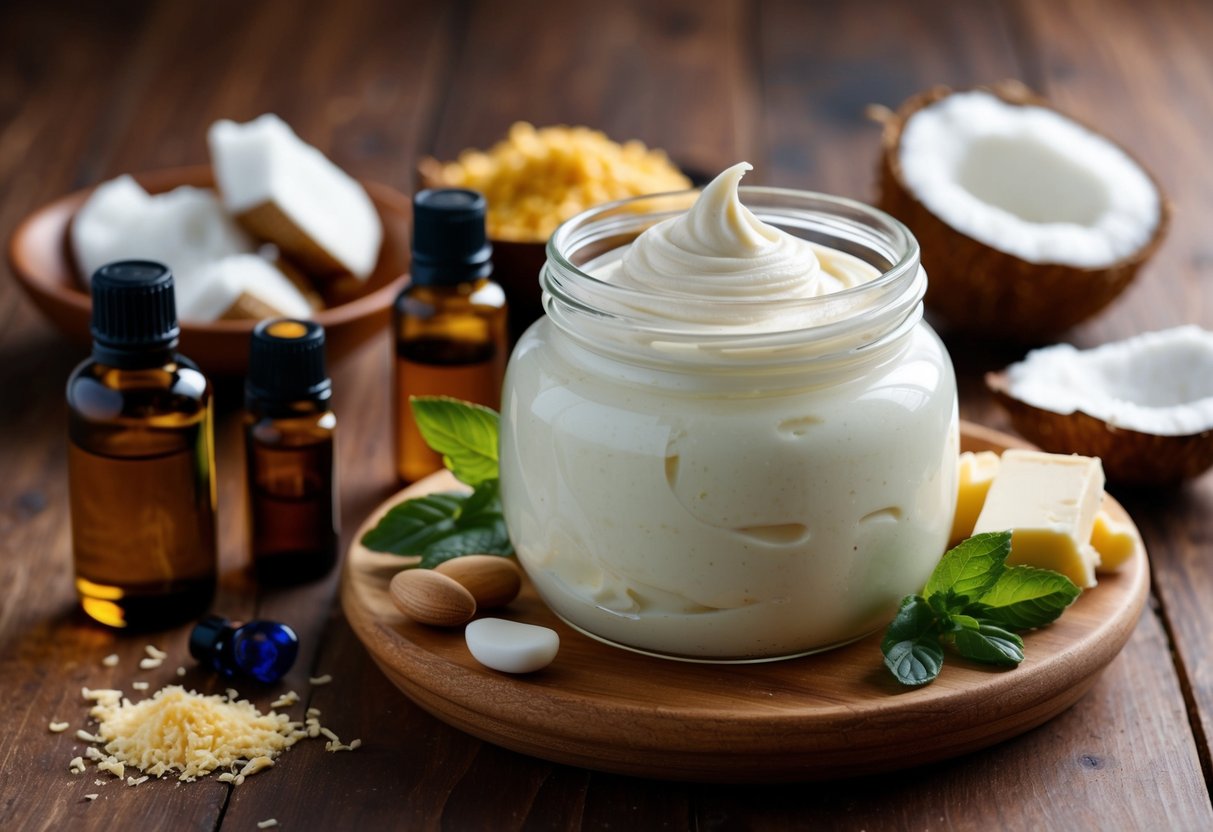 A glass jar filled with whipped body butter sits on a wooden table, surrounded by ingredients like shea butter, coconut oil, and essential oils