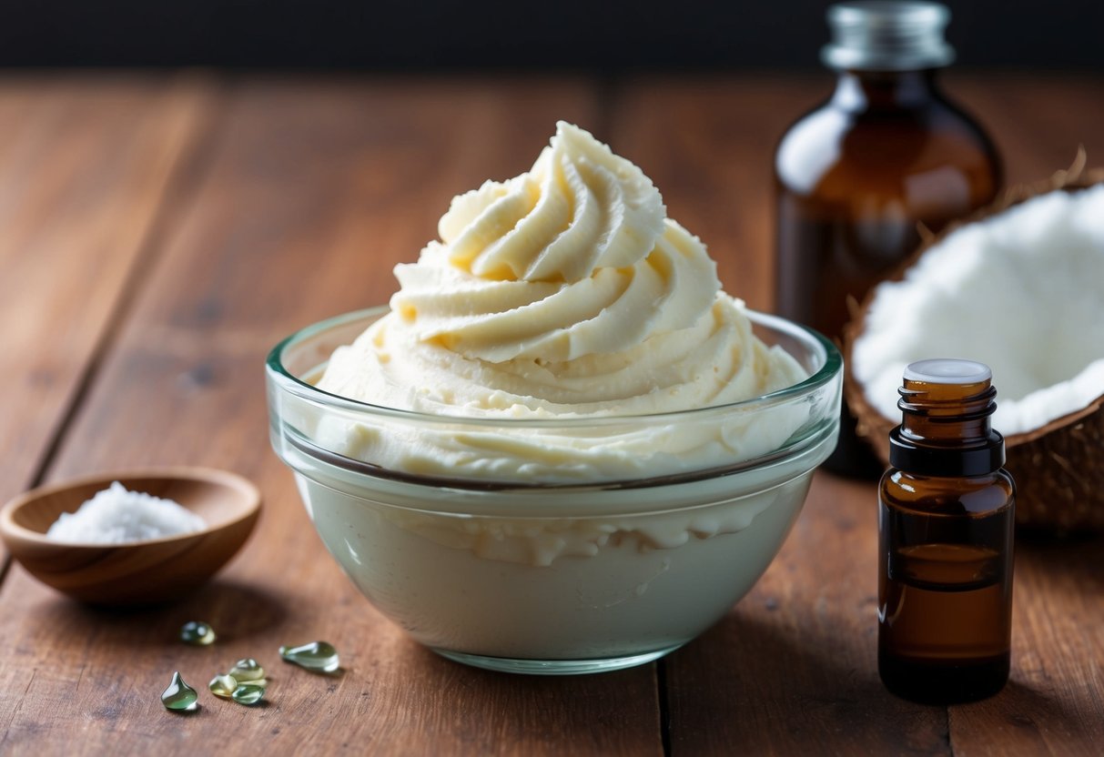 A glass bowl filled with fluffy whipped body butter sits on a wooden table next to a jar of coconut oil and a few drops of essential oils