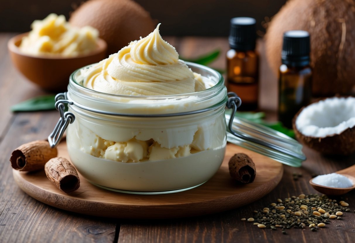 A glass jar filled with fluffy whipped body butter sits on a wooden table, surrounded by ingredients like shea butter, coconut oil, and essential oils