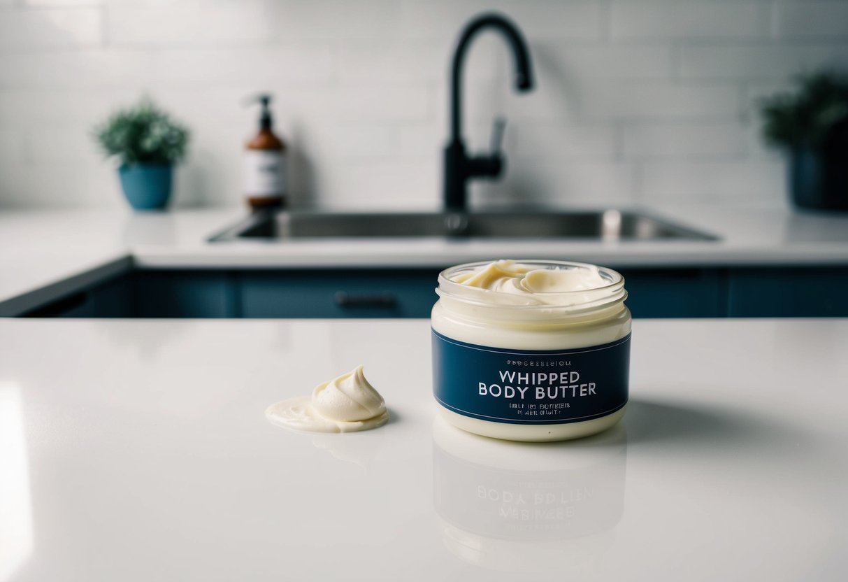 A jar of whipped body butter sits on a clean, white countertop, next to a small dollop being smoothed onto the skin